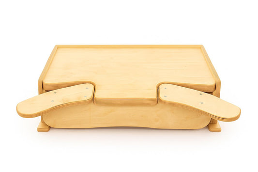 Desktop workbench for watchmaking and jewelry work, featuring adjustable tabletop height, ergonomic armrests and solid plywood build.